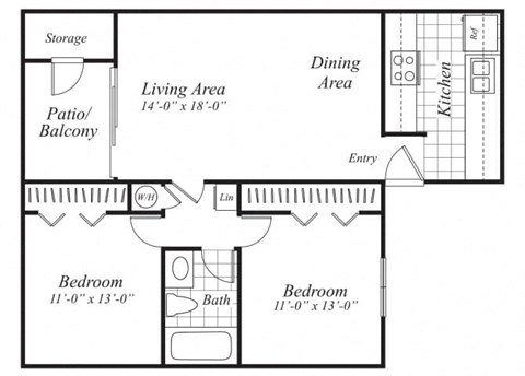 Floor plan for 2 beds, 1 bath, 849 sqft